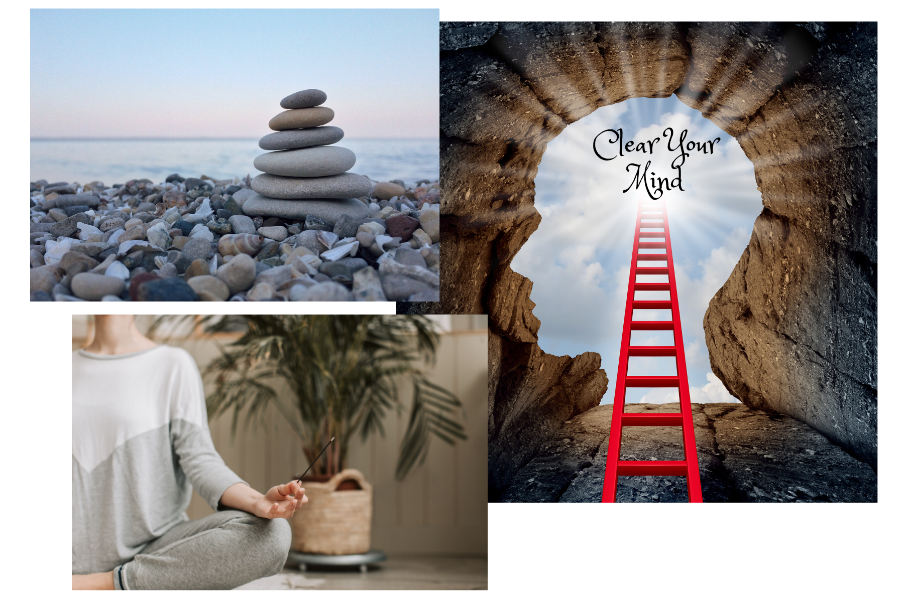 rock cairn, woman meditating, outline of head with sunburst coming from it with words: Clear your mind